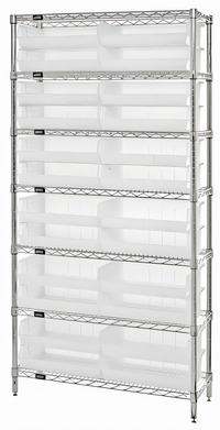 Quantum Chrome Plated Stationary Wire Shelving Unit with 6 Shelves and 10 Clear Bins
