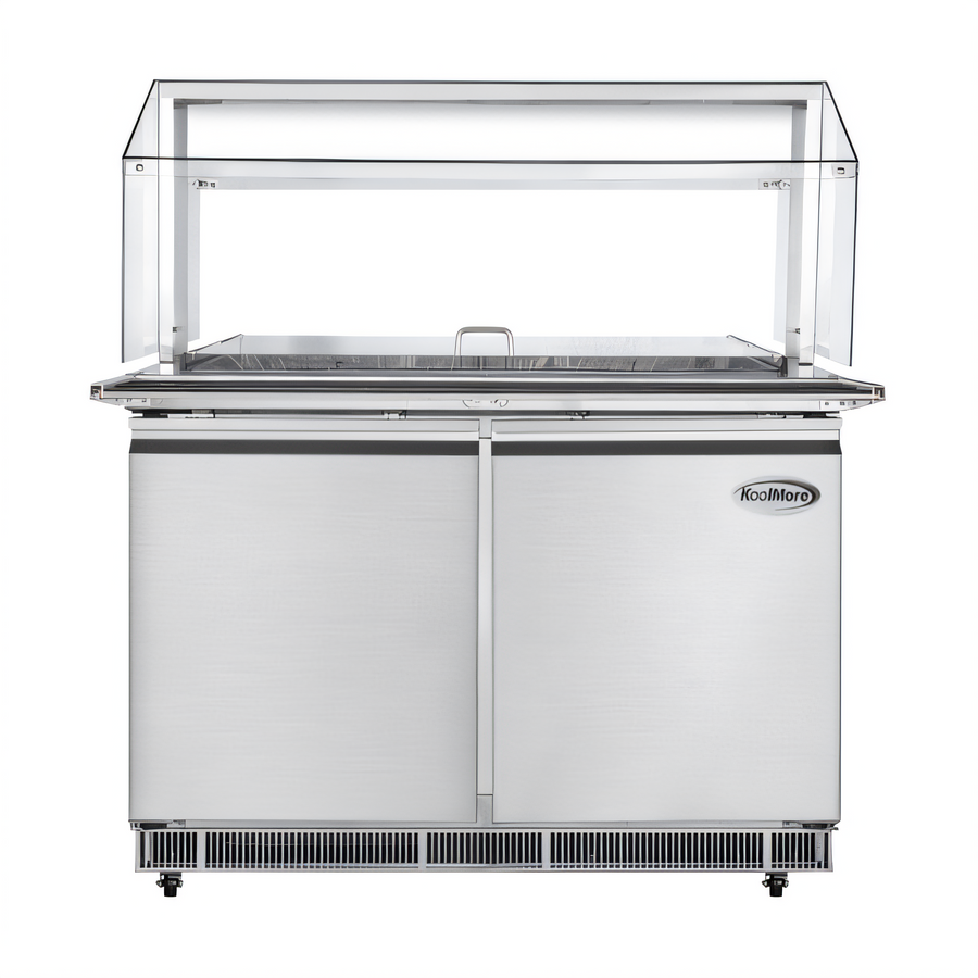 Product image #1 for 48-Inch Stainless Steel Commercial Refrigerated Prep Station with Sneeze Guard and Buffet Slide, 2-Door, Self-Contained Rear-Mounted