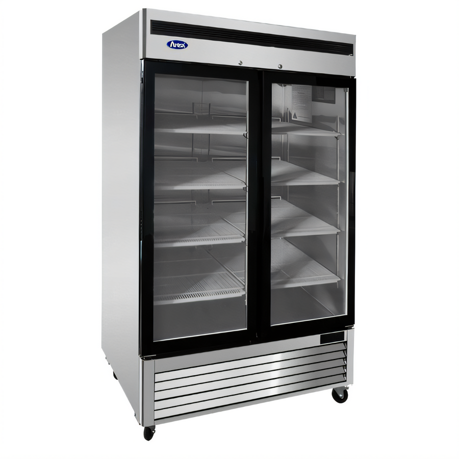 Product image #1 for Atosa MCF8703ES Two-Section Glass Door Reach-In Freezer Merchandiser, 44.8 Cu. Ft., Bottom-Mount Self-Contained, Stainless Steel