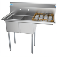 KoolMore 2-Compartment Commercial Sink with Right Drainboard, Backsplash, 18-Gauge 304 Stainless Steel, 43 x 22 x 44-1/2 Inches