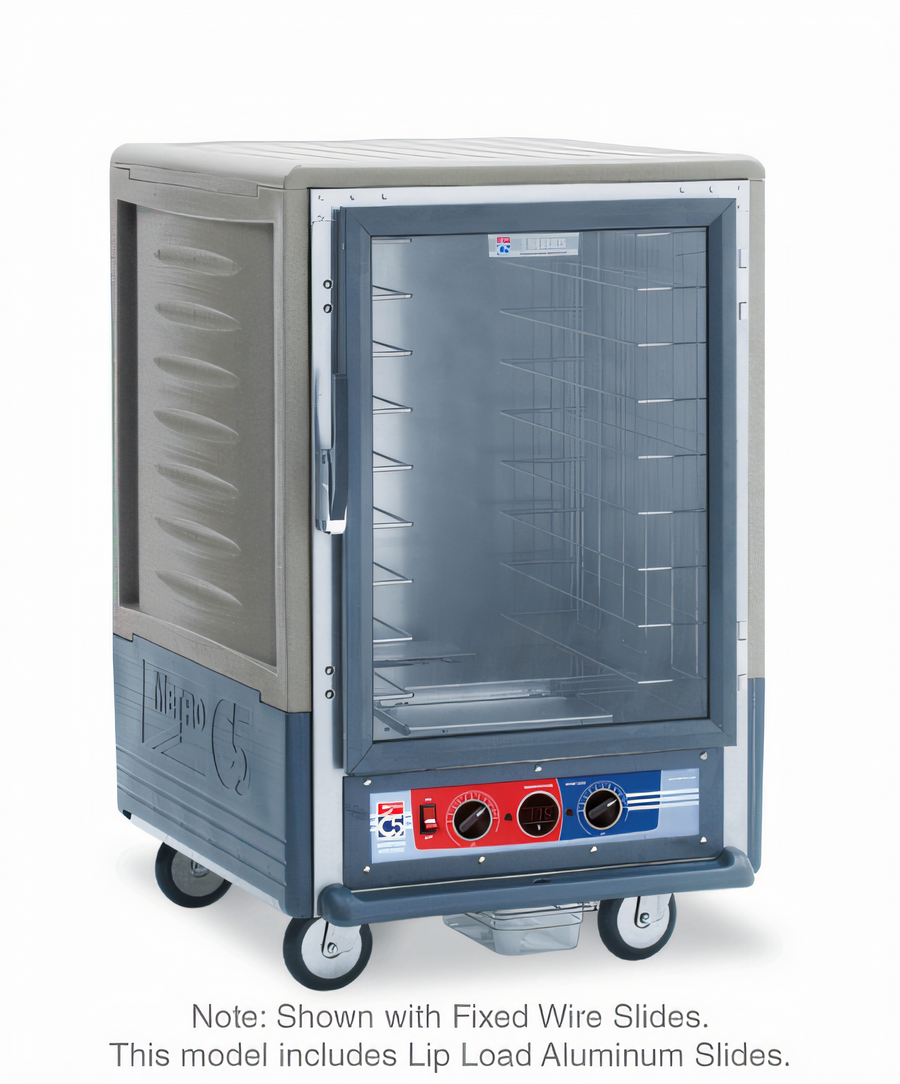 Product image #1 for Metro C5 3 Series Half-Height Moisture Heated Holding and Proofing Cabinet, Gray Insulation Armour, Clear Polycarbonate Door, Mobile, 17-Pan Capacity, 120V