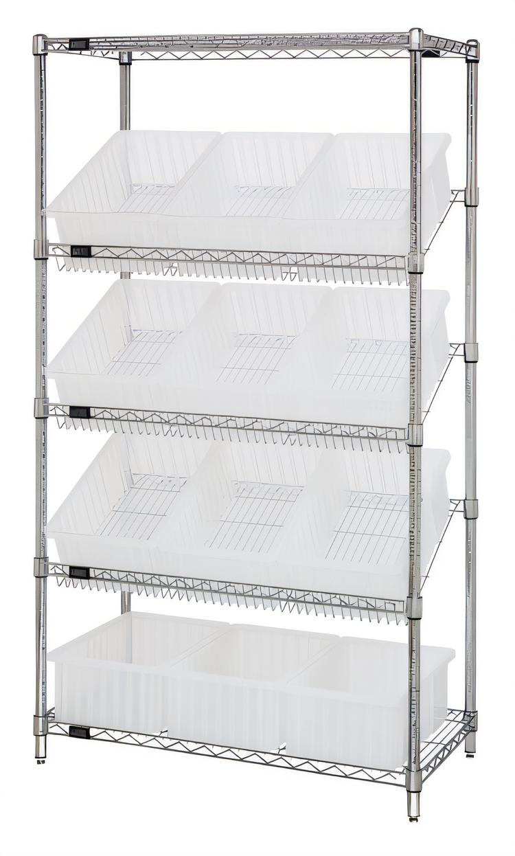 Product image #1 for Quantum Stationary Wire Shelving Bin System with 12 Clear Bins, Chrome Plated, 36 x 18 x 63 Inches