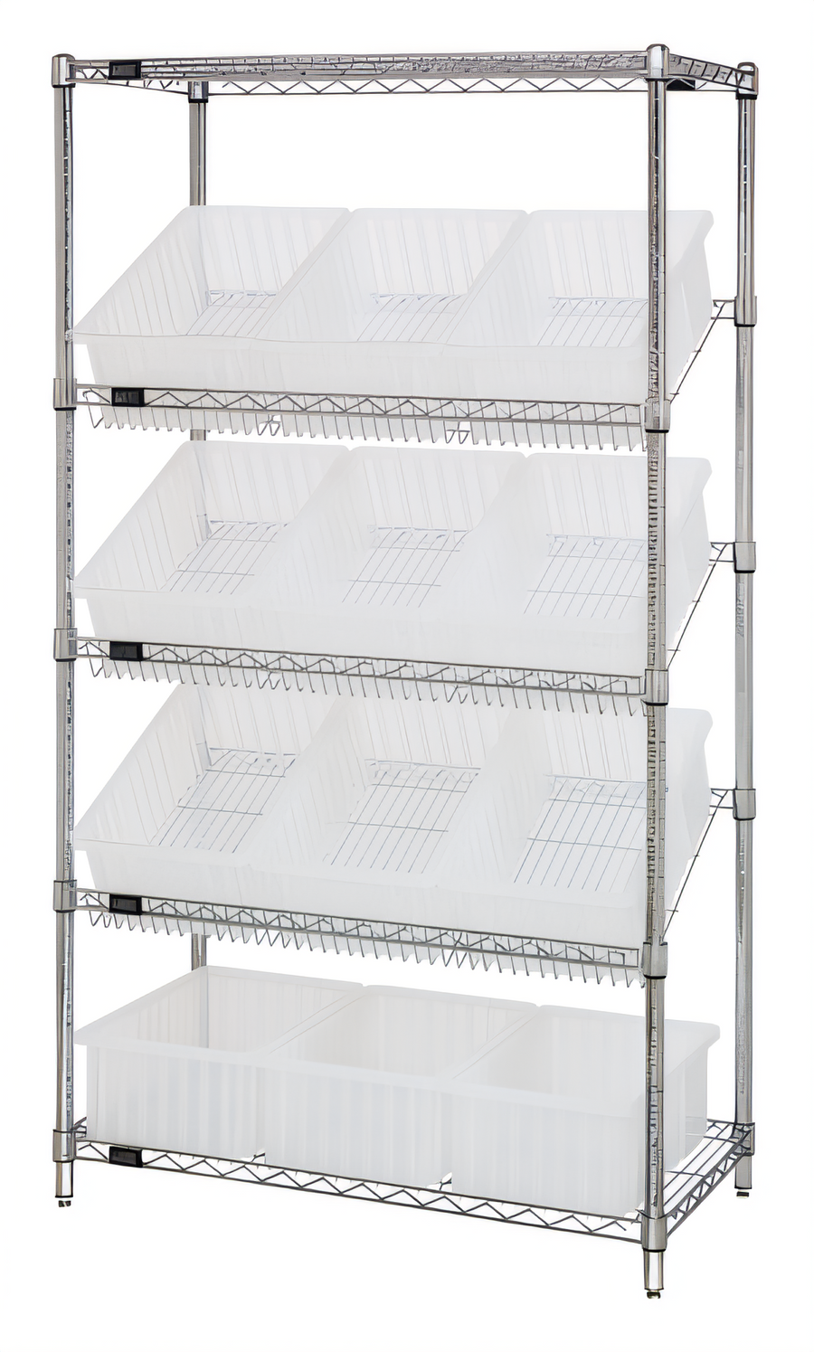 Product image #1 for Quantum Stationary Wire Shelving Bin System with 12 Clear Bins, Chrome Plated, 36 x 18 x 63 Inches