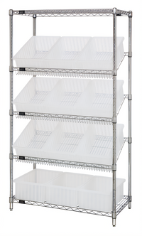 Quantum Stationary Wire Shelving Bin System with 12 Clear Bins, Chrome Plated, 36 x 18 x 63 Inches