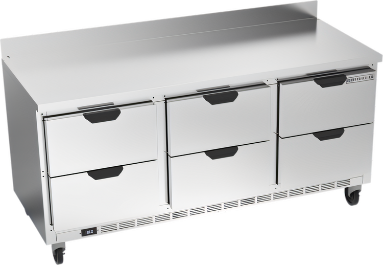 Product image #1 for Beverage-Air 72-Inch Three-Section Drawer Worktop Refrigerator, 6 Drawers, Rear-Mounted Self-Contained R290