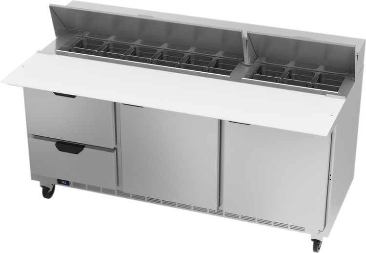 Product image #1 for Beverage-Air 72-Inch Three-Section Sandwich Prep Table with 18-Pan Top, Doors, Drawers, and 17-Inch Cutting Board