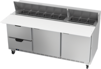 Beverage-Air 72-Inch Three-Section Sandwich Prep Table with 18-Pan Top, Doors, Drawers, and 17-Inch Cutting Board