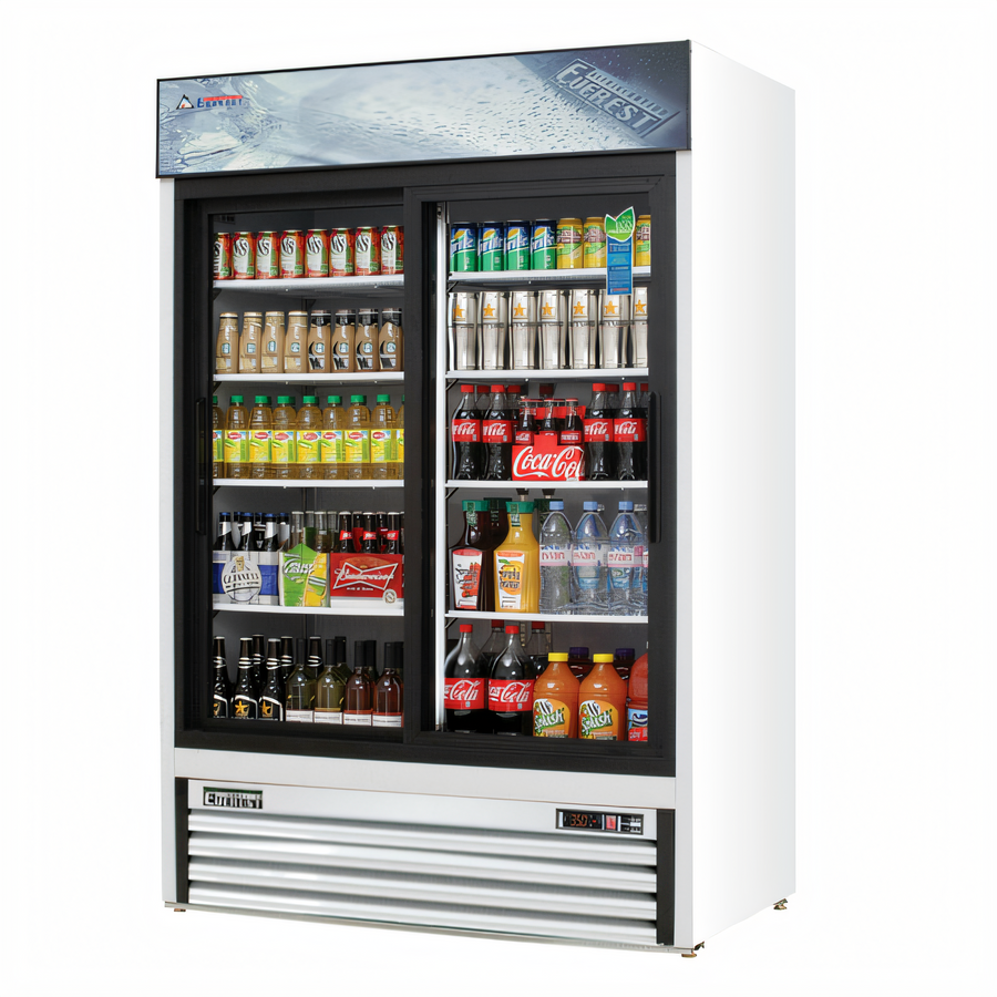 Product image #1 for Everest Refrigeration Two-Section Reach-In Glass Door Merchandiser Refrigerator, 48 Cu. Ft., Sliding Doors, Bottom Mounted