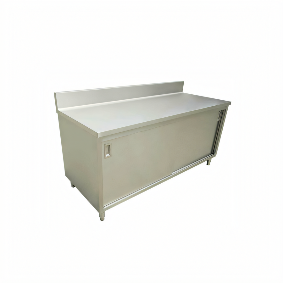 Product image #1 for Omcan 60 Inch x 24 Inch Stainless Steel Enclosed Work Table with Sliding Doors and 6 Inch Backsplash