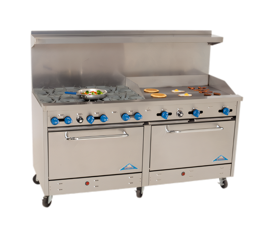 Product image #1 for Comstock-Castle 72-Inch Commercial Gas Range with 6 Star Burners, 36-Inch Griddle, and Double Ovens