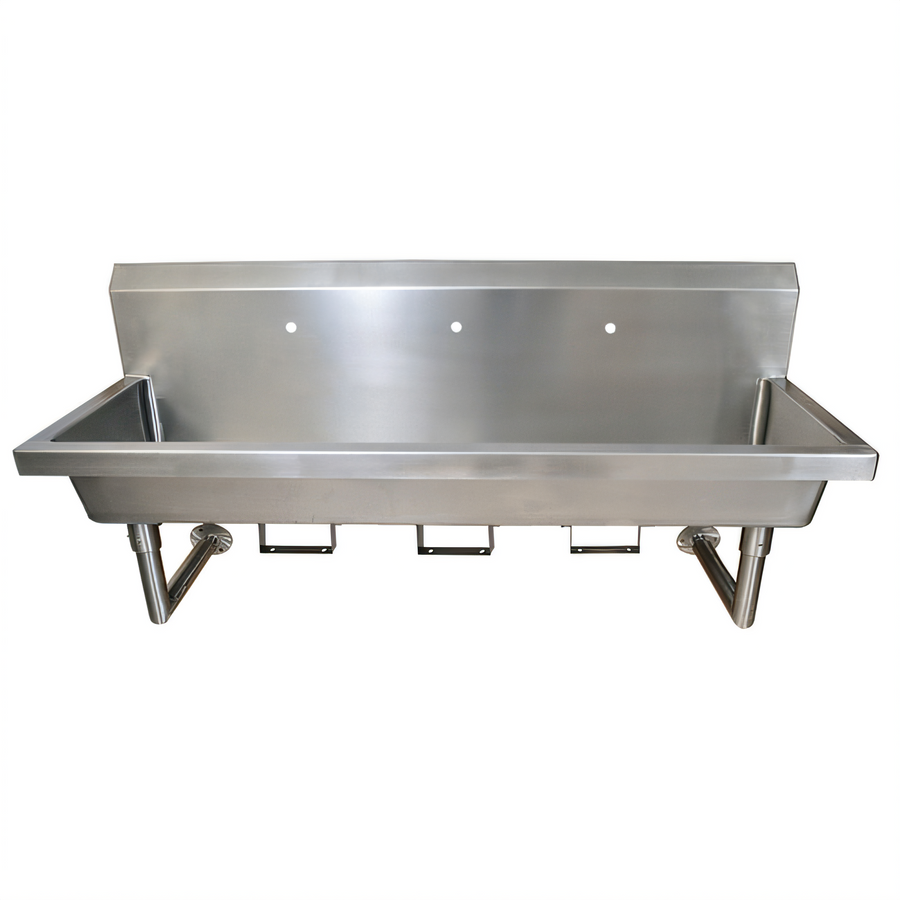 Product image #1 for BK Resources 72-Inch Three-Station Wall-Mounted 304 Stainless Steel Hand Wash Sink with Knee Valve Bracket