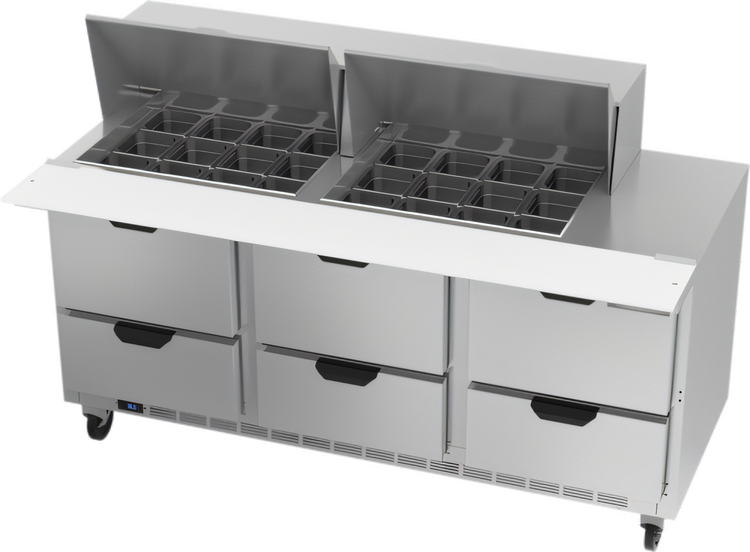 Product image #1 for Beverage Air 72-Inch Three-Section Mega Top Refrigerated Prep Table with 6 Drawers and 24-Pan Top
