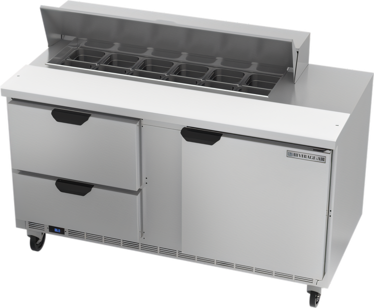 Product image #1 for Beverage Air Two-Section Sandwich Top Refrigerated Prep Table, 60-Inch, 1 Door, 2 Drawers, 12-Pan Capacity