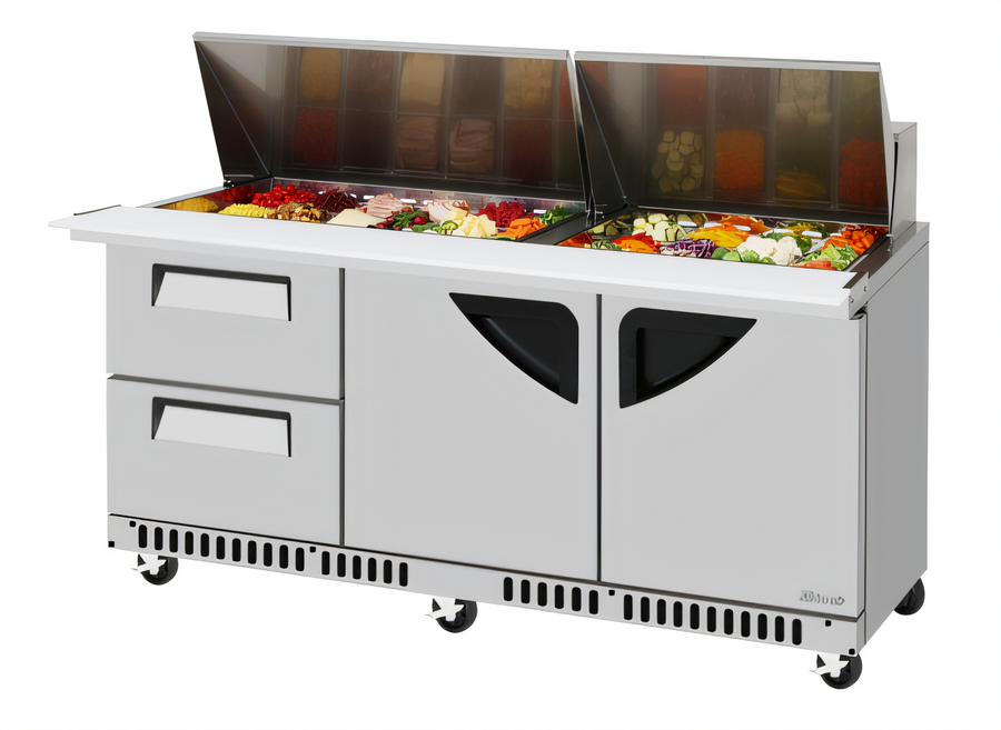 Product image #1 for Turbo Air Super Deluxe 72-5/8-Inch Three-Section Front Breathing Sandwich/Salad Mega Top Prep Table with 30-Pan Opening, 2 Drawers, and 2 Doors