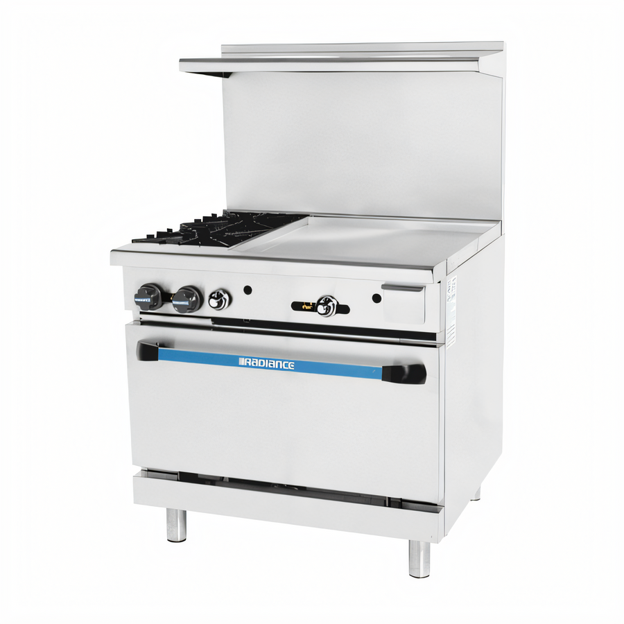 Product image #1 for Heavy Duty 36-Inch Natural Gas Restaurant Range with 2 Open Burners, 24-Inch Right-Side Griddle, and Standard Oven