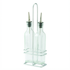 Thumbnail image #1 for Winco GOB-8S Oil & Vinegar Cruet Set with 2 Square 8 oz Bottles, Lids & Chrome-Plated Rack Case of 12