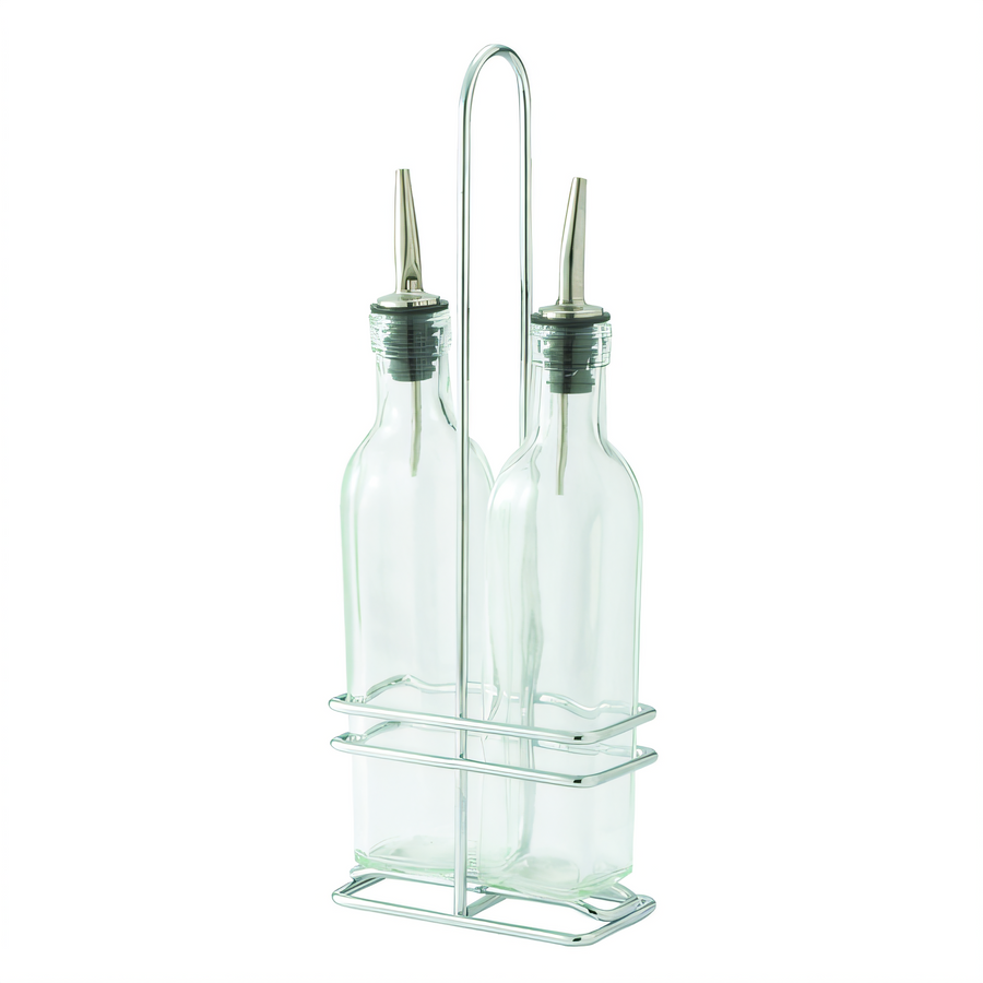 Product image #1 for Oil & Vinegar Cruet Set with 2 Square 8 oz Bottles and Chrome-Plated Rack