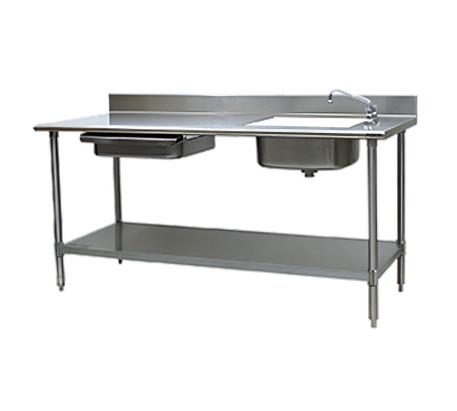 Product image #1 for Eagle Group Spec-Master Stainless Steel Prep Table With Right-Side Sink, Left-Side Drawer, Cutting Board, and Undershelf, 96-Inch W x 30-Inch D
