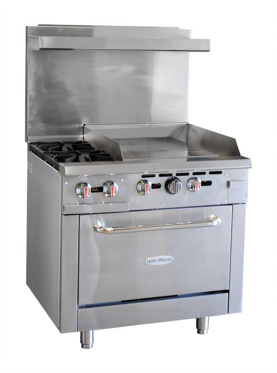Product image #1 for Serv-Ware SGR-2B-24G 36-Inch Commercial Gas Range with 2 Open Burners, 24-Inch Griddle, and Standard Oven