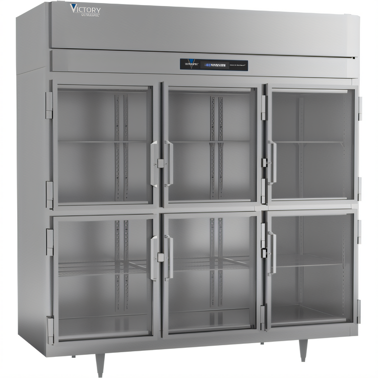 Product image #1 for Victory UltraSpec 3-Section Glass Half-Door Reach-In Freezer, Self-Contained, Top-Mounted