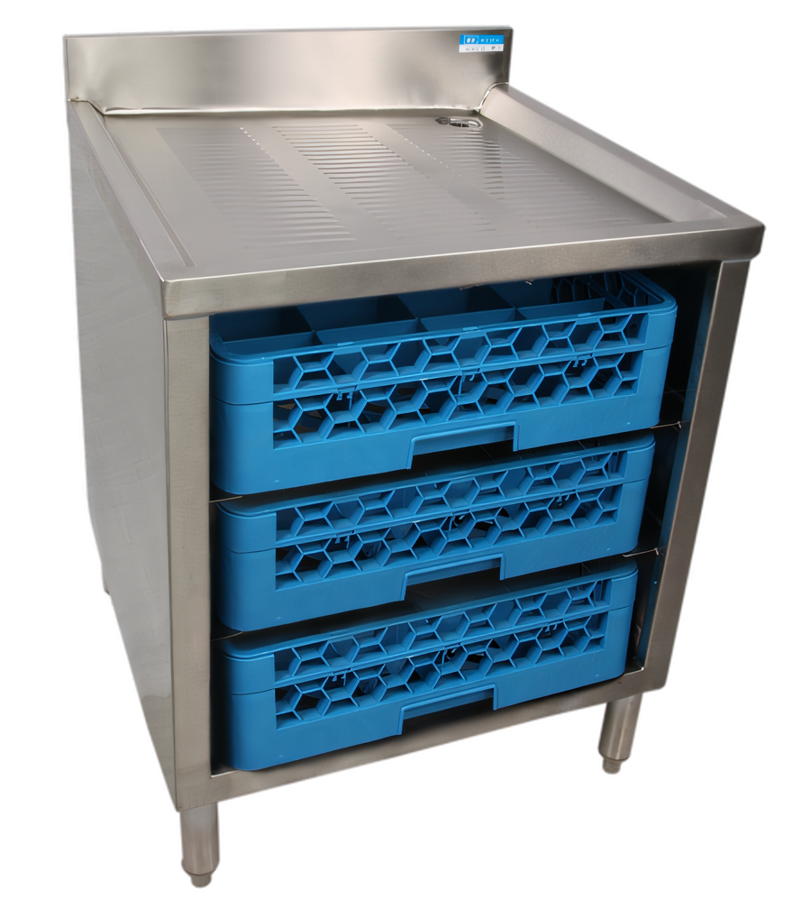 Product image #1 for BK Resources Stainless Steel Underbar Glass Rack Unit with Drainboard Top, Open Front Base, and Adjustable Rack Slides