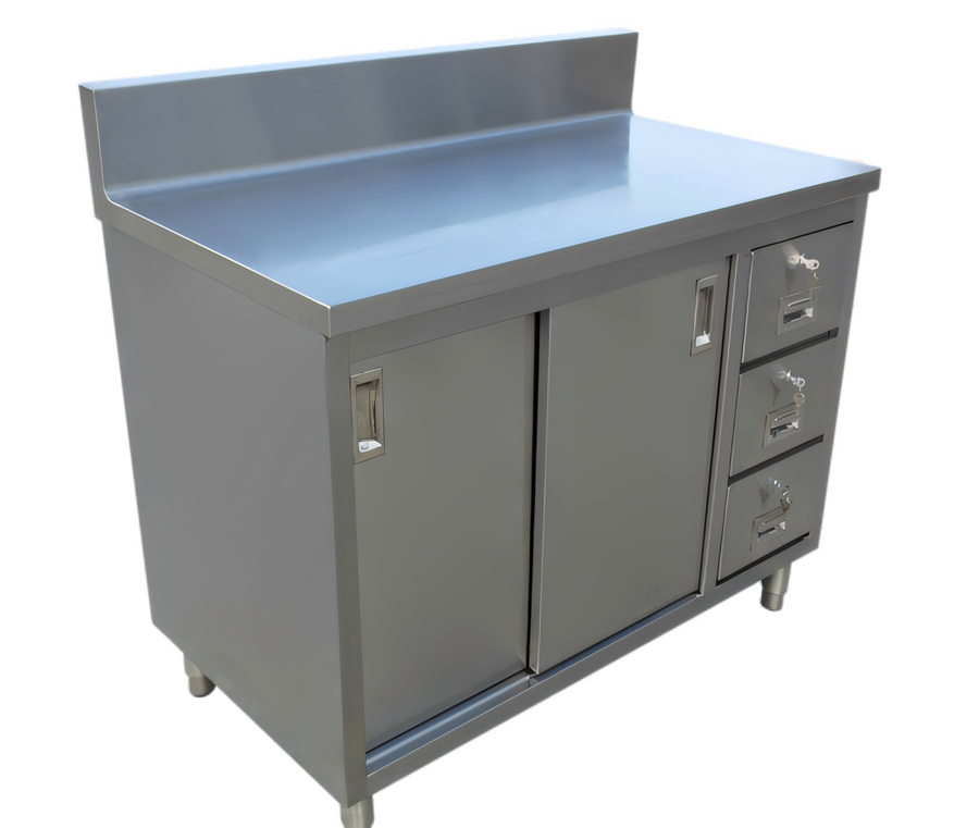 Product image #1 for Omcan 48-Inch Enclosed Stainless Steel Work Table with Cabinet Base, Sliding Doors, 3 Drawers, and 6-Inch Backsplash