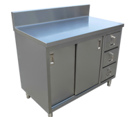 Omcan 48-Inch Enclosed Stainless Steel Work Table with Cabinet Base, Sliding Doors, 3 Drawers, and 6-Inch Backsplash