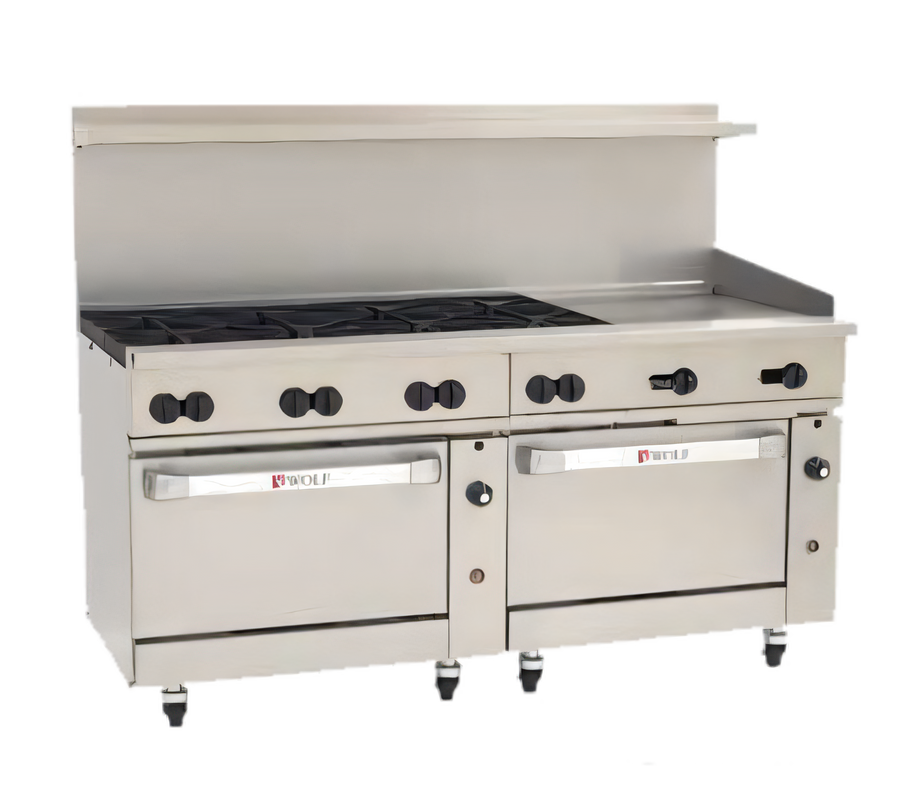 Product image #1 for Wolf Challenger XL 72-Inch Gas Restaurant Range with 8 Open Burners, 24-Inch Griddle, Standard Oven, and Convection Oven