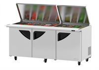 Turbo Air Super Deluxe Three-Section Sandwich/Salad Mega Top Prep Table with Flat Lids and 30-Pan Opening