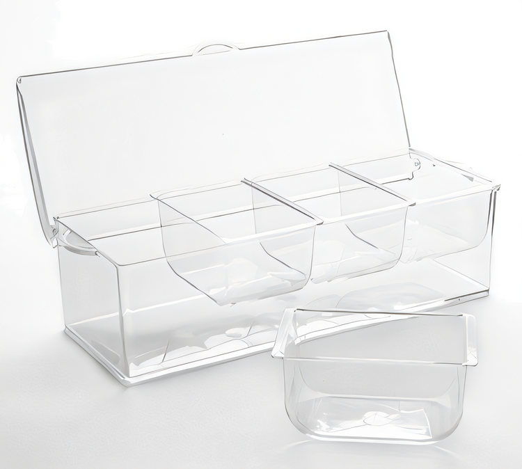 Product image #1 for American Metalcraft Clear Polycarbonate 4-Compartment Bar Garnish Caddy Condiment Server Set with Hinged Lid and Ice Space, 88 oz.