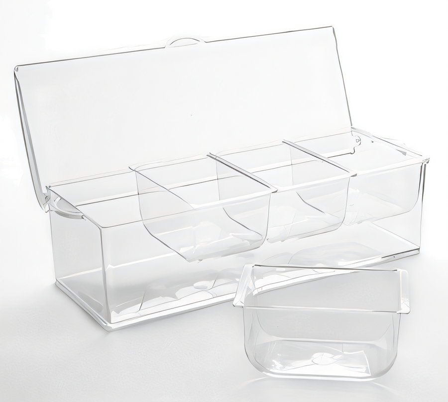 Product image #1 for American Metalcraft Clear Polycarbonate 4-Compartment Bar Garnish Caddy Condiment Server Set with Hinged Lid and Ice Space, 88 oz.