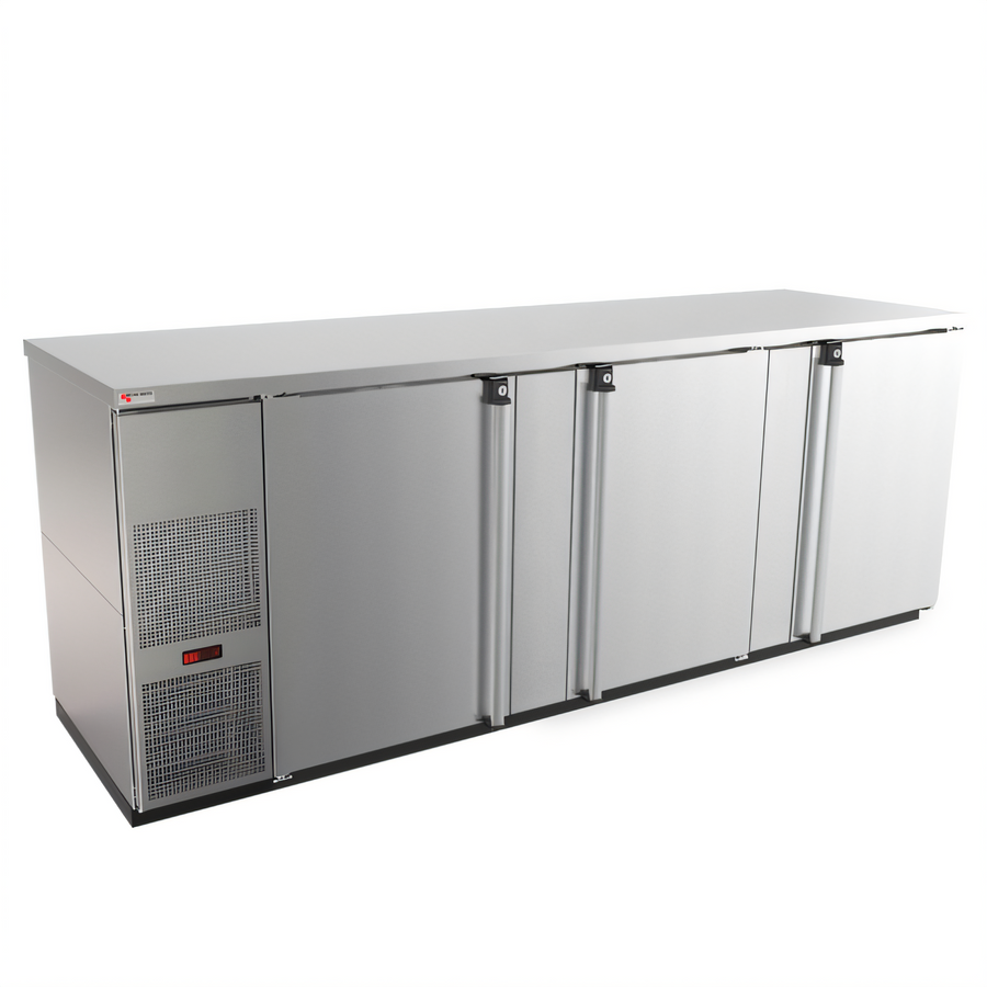 Product image #1 for Pro-Line E-Series Three-Section Refrigerated Back Bar Cooler, 95-1/2 Inch Wide, Self-Contained, Solid Doors