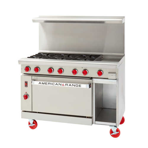 Product image #1 for American Range 48-Inch Green Flame Stainless Steel Gas Range with Left 12-Inch Griddle, 6 Open Burners, and 2 Space Saver Ovens