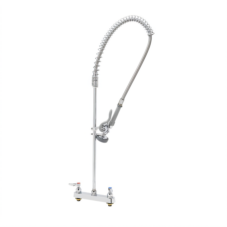 Product image #1 for T&S Brass EasyInstall Workboard Deck Mount Pre-Rinse Mixing Faucet with Spring-Action Gooseneck, 8-Inch Centers