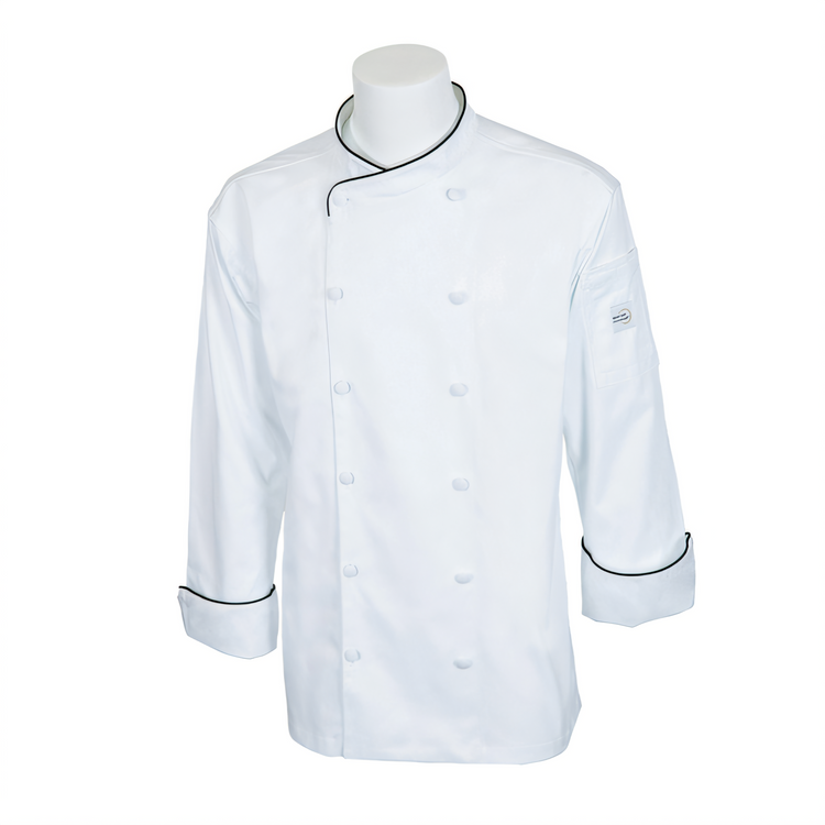Product image #1 for Mercer Culinary Renaissance Men's Scoop Neck Chef Jacket with Black Piping - White, 3X