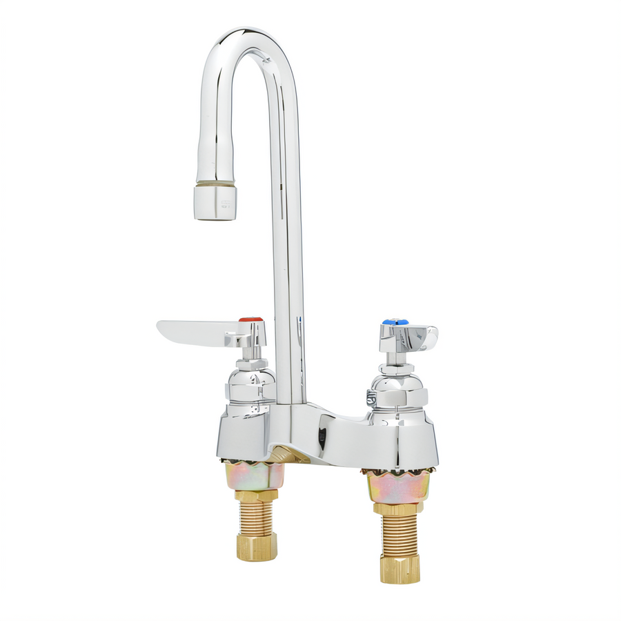 Product image #1 for T&S Brass Deck-Mounted Lavatory Faucet, 4-Inch Centers, Rigid Gooseneck, Lever Handles, Low-Lead, 2.2 GPM