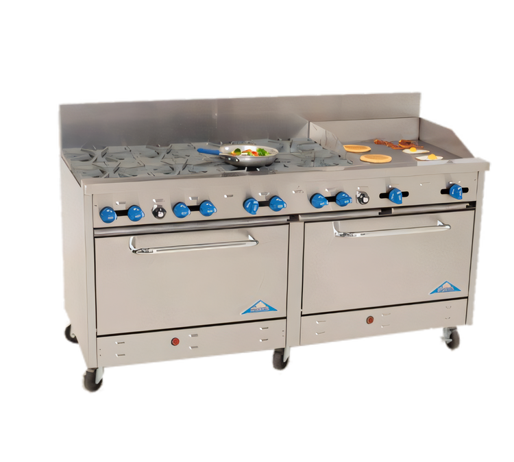 Product image #1 for Comstock-Castle 72-Inch Commercial Gas Range with 8 Star Burners, 24-Inch Griddle, and 2 Ovens