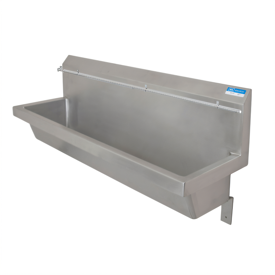 Product image #1 for BK Resources 60-Inch Wall-Mount Stainless Steel Urinal with Sloping Backsplash and Flush Pipe