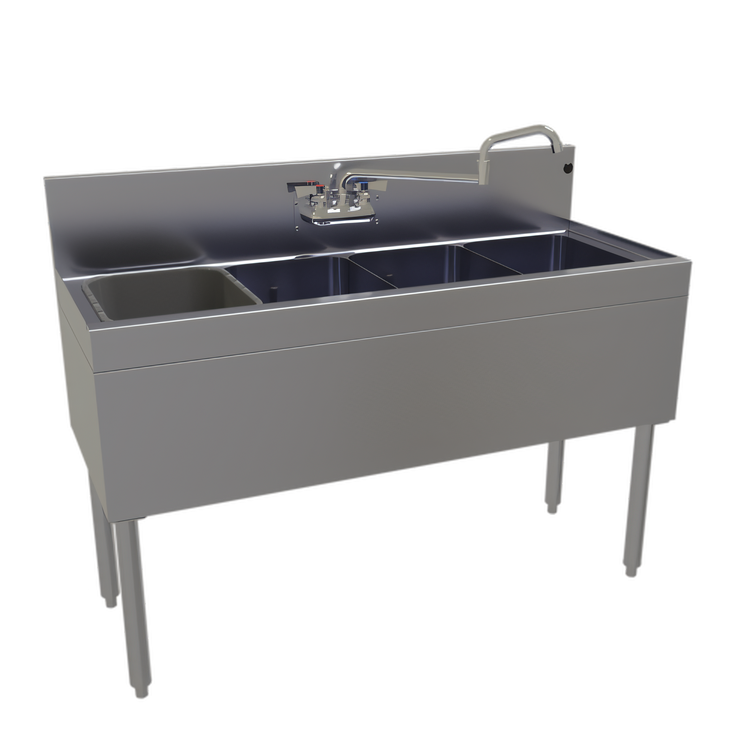 Product image #1 for Glastender Four-Compartment Stainless Steel Underbar Sink Unit with Splash Mount Faucet, 48 Inch W x 19 Inch D