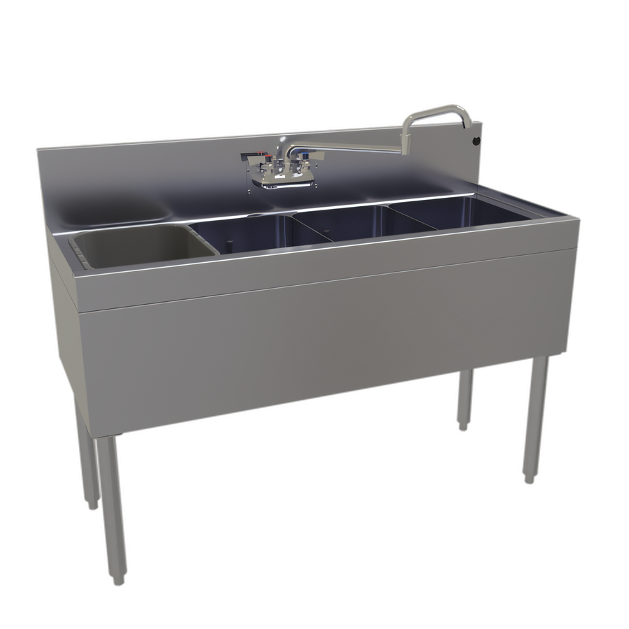 Product image #1 for Glastender Four-Compartment Stainless Steel Underbar Sink Unit with Splash Mount Faucet, 48 Inch W x 19 Inch D
