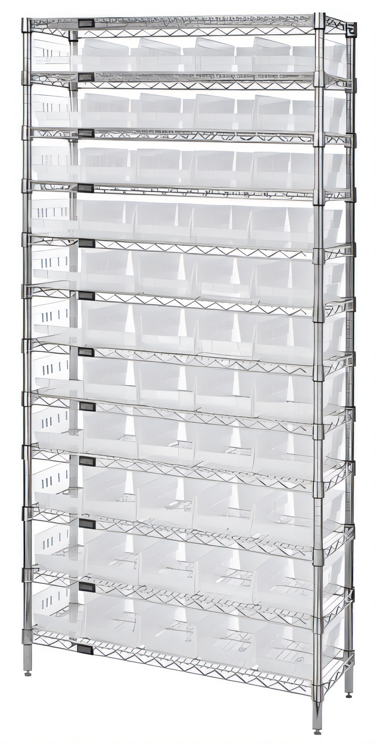 Product image #1 for Quantum 36" x 18" x 74" Chrome Plated Bin Wire Shelving System with 12 Shelves and 55 Clear Bins
