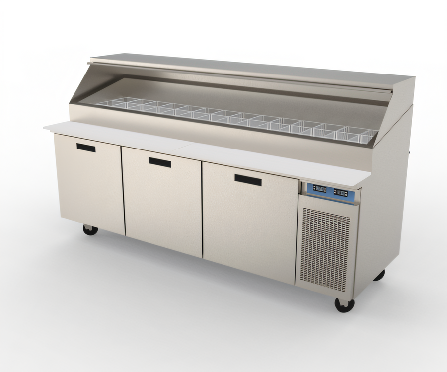 Product image #1 for Randell 95-Inch Three-Section Refrigerated Raised Rail Prep Table, 42 1/6-Pan Capacity, Self-Contained R290, Compressor Right