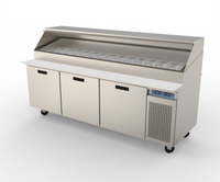 Randell 95-Inch Three-Section Refrigerated Raised Rail Prep Table, 42 1/6-Pan Capacity, Self-Contained R290, Compressor Right