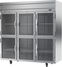 Beverage-Air Horizon Series Three-Section Reach-In Freezer with Six Half-Glass Doors, 69.1 Cu. Ft., Top-Mounted Self-Contained Refrigeration