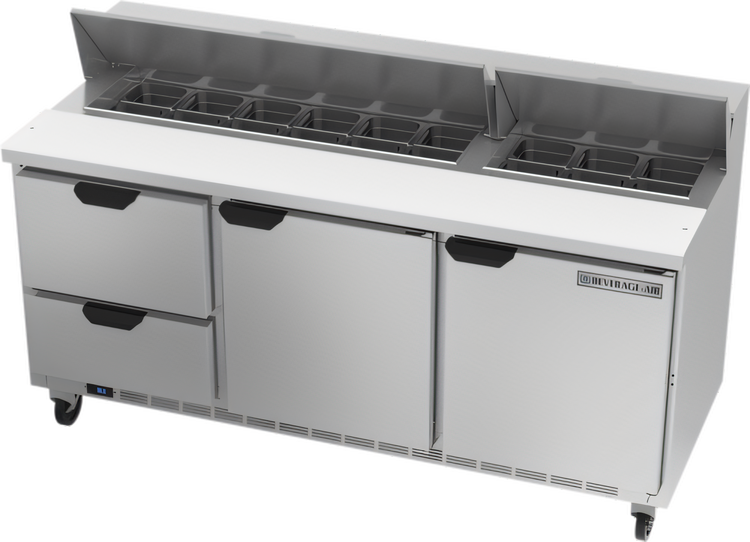 Product image #1 for Beverage-Air 72-Inch Three-Section Sandwich Top Refrigerated Prep Table with 18-Pan Opening, 2 Drawers, 2 Doors and Cutting Board