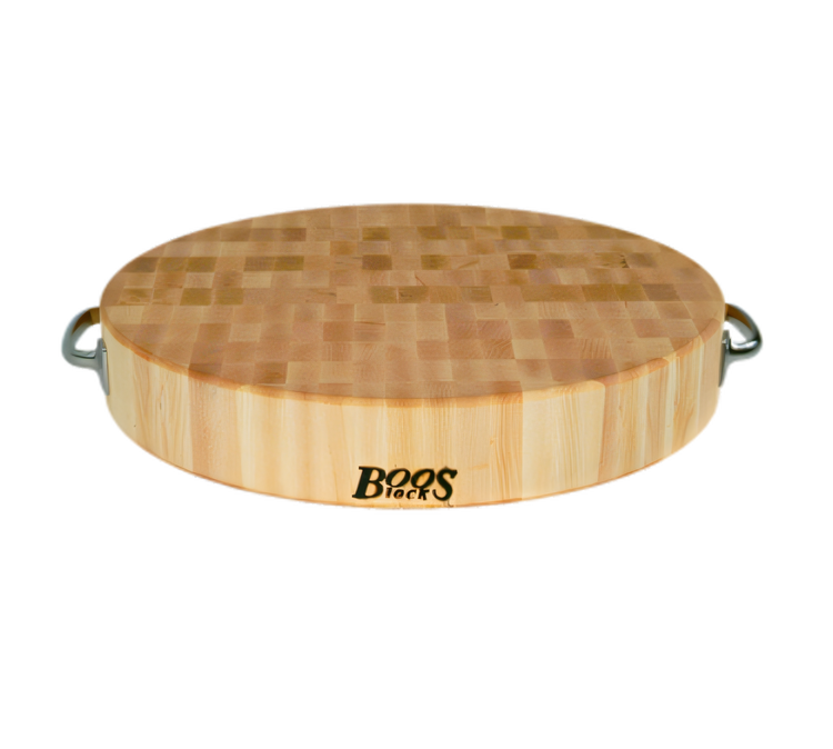 Product image #1 for John Boos Boos Block Gift Collection Round End-Grain Maple Cutting Board with Stainless Steel Handles, 18 Inch x 3 Inch