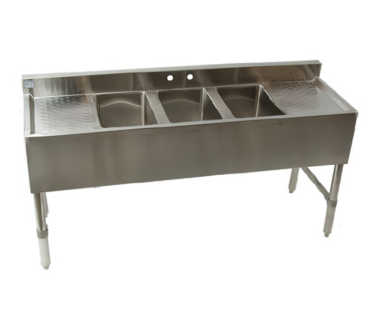 Product image #1 for 18/304 Stainless Steel Three-Compartment Underbar Sink with Left and Right Drainboards, 59-1/2 Inch Wide