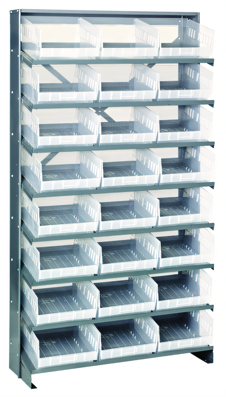 Product image #1 for Quantum Sloped Single-Sided Steel Pick Rack with 8 Shelves and 24 Clear Bins, 36W x 12D x 63-1/2H
