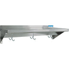 Thumbnail image #1 for BK Resources BKWS-1248-PR Wall-Mounted Shelf with Single-Bar Pot Rack, 48" W x 12" D, 18-Gauge 304 Stainless Steel, 4 Hooks