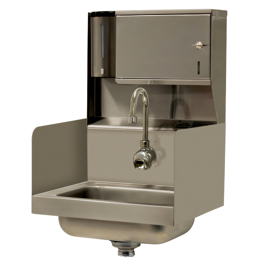 Product image #1 for Advance Tabco Wall-Mounted Hand Sink with Electronic Faucet, Soap & Towel Dispensers, Side Splashes, 14 x 10 x 5 Bowl